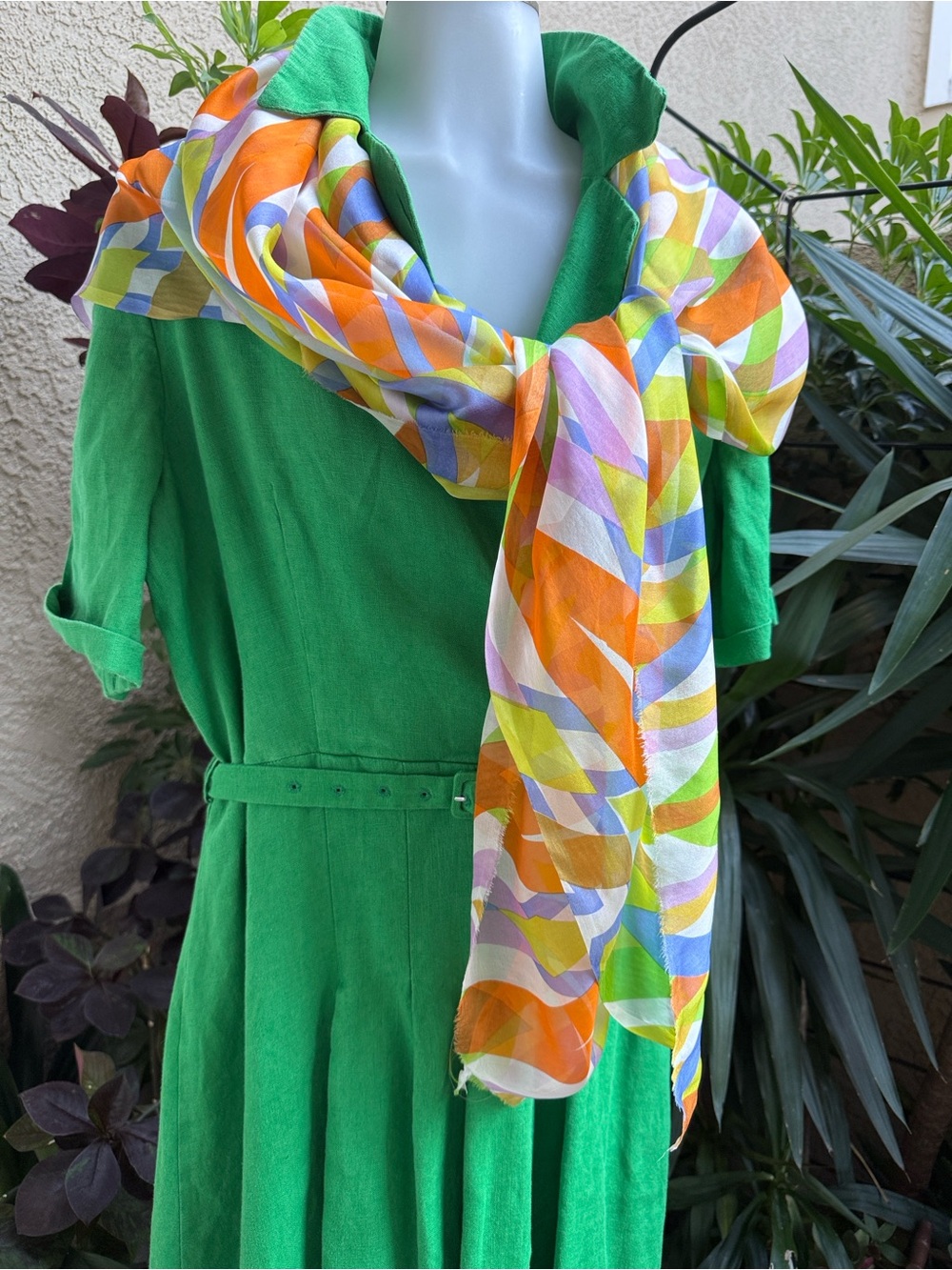 Vintage Colorful Geometric Lightweight Silk Scarf - Lime, Orange, Lavender